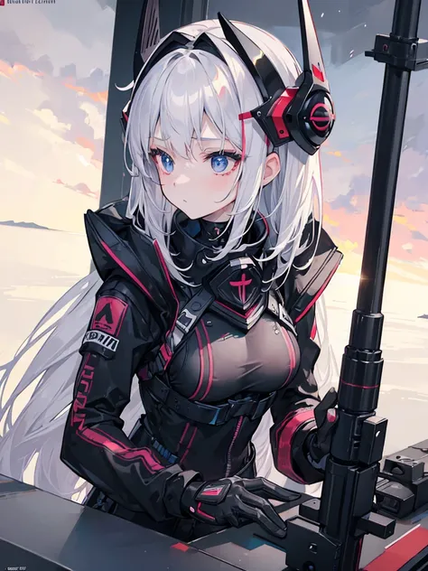 (((masterpiece))), ((4K)), beat, wearing black beat gear, , beat written on breastplate, wearing black beat helmet, A girl, , View by scope, Rouge pupil, Silver Hair, Expression of mercy