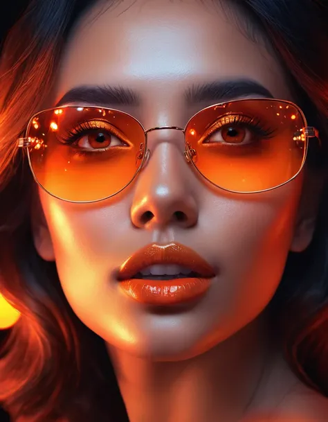 A full head image of a woman with cute dimples near her mouth and a glass shades, featuring beautiful digital artwork with red glowing skin, realistic digital art in 4K, seductive glowing sleepy orange eyes, and an 8K resolution. This stunning digital illu...