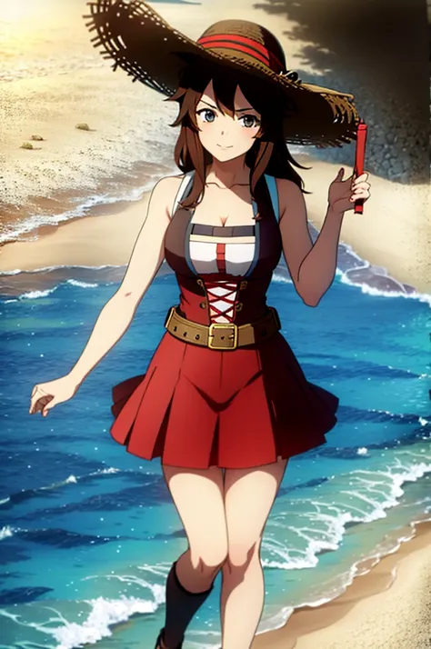 1 female, medium length brown hair, wearing pirate outfit,  wearing straw hat with red band, at beach