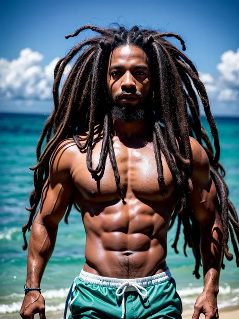 a muscular black man with rastafarian dreadlocks, coming out of the ocean, wearing white wet swim trunks, detailed realistic portrait, 8k, high resolution, ultra detailed, hyper realistic, dramatic lighting, cinematic composition, gorgeous tropical beach b...