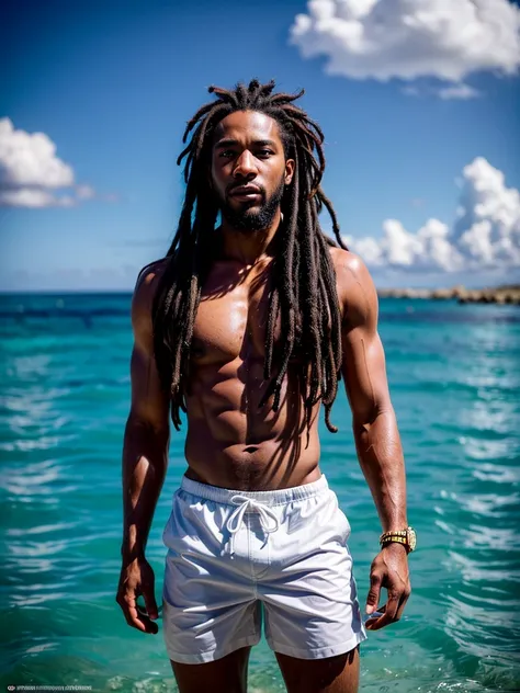 a muscular black man with rastafarian dreadlocks, coming out of the ocean, wearing white wet swim trunks, detailed realistic portrait, 8k, high resolution, ultra detailed, hyper realistic, dramatic lighting, cinematic composition, gorgeous tropical beach b...