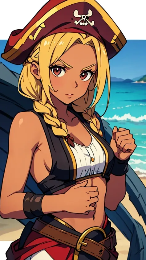 Woman with tanned skin and braided hair in pirate outfit