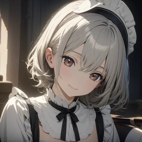 masterpiece, ultra detailed, 8K,  (Cute a girl:1.5), 
(masterpiece:1.3), anime visual,pale silver middle hair,Hair between the eyes,brown eyes, (Lovey-dovey:1.5), (tilt head:1.3), extremely delicate face, soft clean focus, realistic lighting and shading, (...