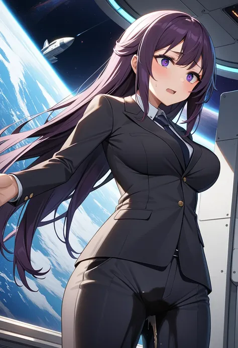 (high quality,Very detailed:1.37, High resolution), Woman, (mature:2.0), (Sakaki Yumiko:1.5), (very long hair:1.5), (dark purple hair:2.5), purple eyes, huge breasts, tuxedo, necktie, (pants:1.5), (wetting herself:2.0), standing, embarrassed, humiliation, ...