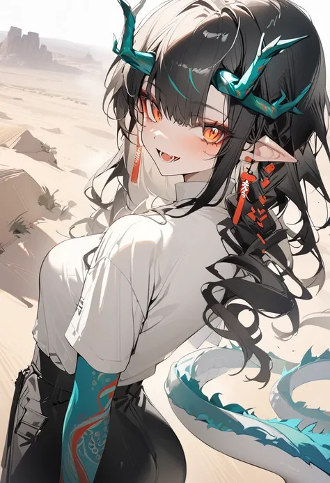 1girl, dusk (arknights), arknights,(masterpiece, best quality), newest, shirt , original outfit , black hair, horns, agm, dragon tail , orange eyes, desert  , happy , open mouth