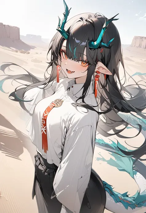 1girl, dusk (arknights), arknights,(masterpiece, best quality), newest, shirt , original outfit , black hair, horns, agm, dragon tail , orange eyes, desert  , happy , open mouth