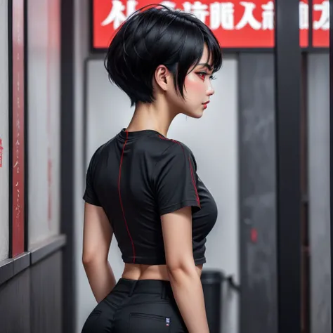 mixed_artstyle, 1 girl, Alone, hands, Asian, short black t-shirt, black pants, short black hair with red highlights, red eyes, realistic, textures, 8K, perfect hand, perfect anatomy, Profile, visible curves, Breasts, back