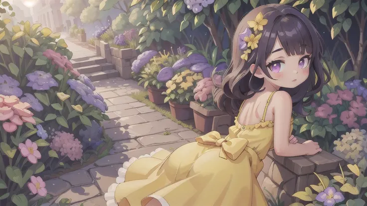 masterpiece, best quality, 1girl, solo, fochrnd, (yellow sundress:1.4), from behind, ass, looking back, looking at viewer, garden, sun, sunbeam, sunlight, purple flowers, pink eyes