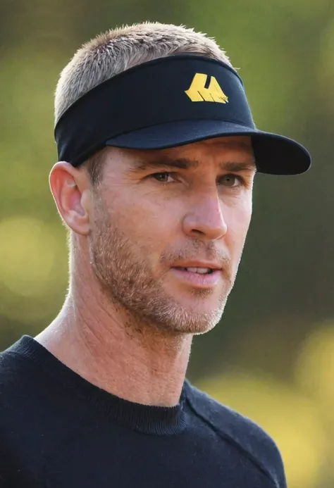 man with yellow trimmed black visor, short hair, black sweater