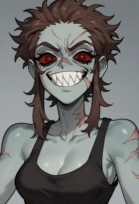 Anime zombie undead girl, slitched face, scars an face, black sclera, shark teeth, glowing eyes, smug face, vile, pale green-ish decayed skin, black tank top, eletric colar