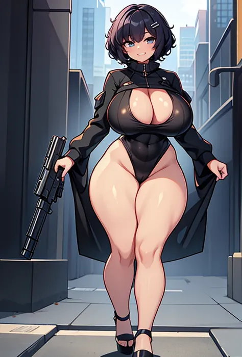 young girl, Pullover, whole body to see, curly short hair, (( very wide hips)), (((colossal Thighs, gigantic thighs, very huge thighs, very big thighs))), fullbody, platform heels, black skin, very Big breast, gun, soldier girl , full body, military , high...