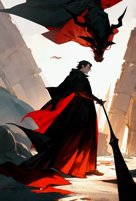 a man in a cloak with black, with a devil in his shadow