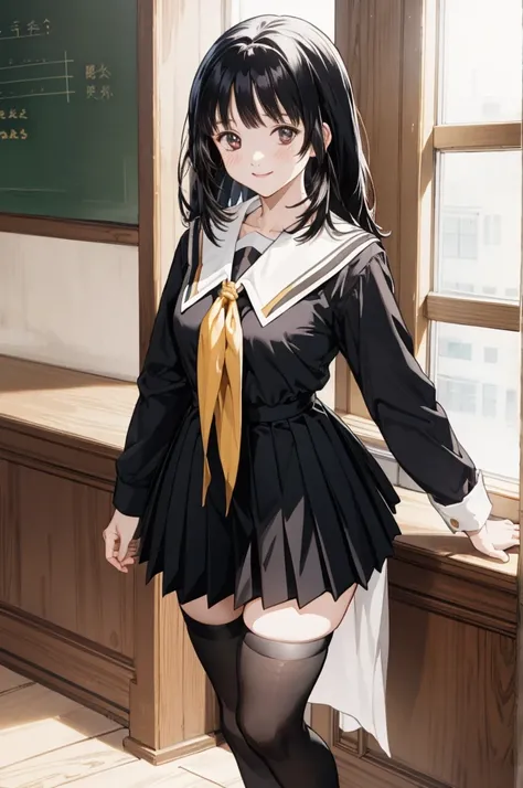 black hair,
serafuku, neck ribbon, pleated skirt, thighhighs, 
smile,, (best quality:1.3),1girl,