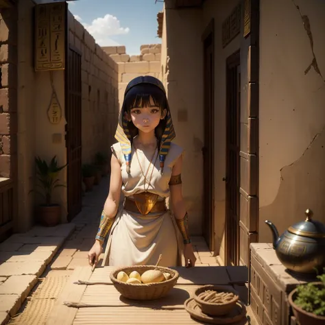 かわいいAncient Egyptの15歳の女の子、Ancient Egypt、View of the Nile、A colorful view of the whole、whole body、Low - Angle、Standing posture、Reeds are growing、Ancient Egyptの船、Ancient Egyptの風景、outside