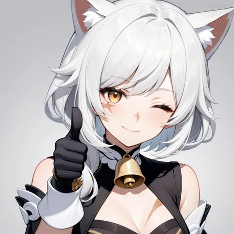 1 girl with short white hair，Cat ear,{employment (Genshin Impact)},Solitary,Smile,bell_Shoulder,Black_Gloves,point to at viewer, Close one eye, Looking at the audience, Solitary, White hair, Shut up, Bangs, background, point to, Finger guns,portrait,thumbs...