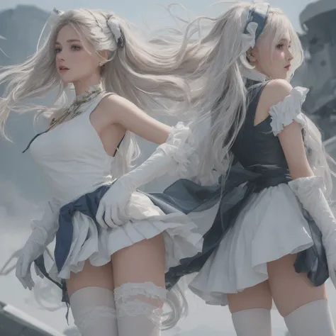 ((best quality)), ((masterpiece)), ((1girl)), solo, Ferry, ((long hair)), FerryBase, ((thighhighs)), bare shoulders, ((jewelry)), ((sleeveless)), white dress, blue skirt, ((gloves)), thigh-high, from behind.