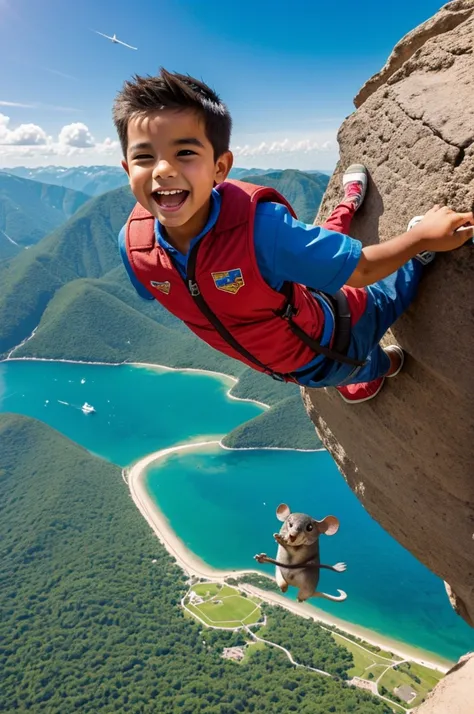 Cheerful image of a boy traveling the world on a flying mammal 