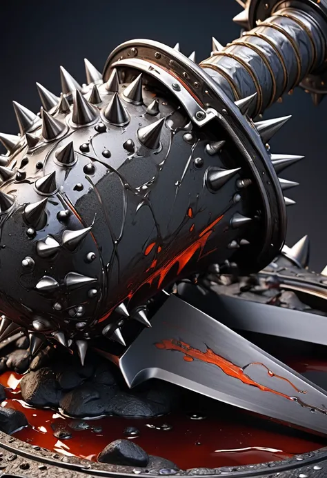 masterpiece, 8k, best quality, highly detailed, a spiked maul weapon made of black steel & dripping poison