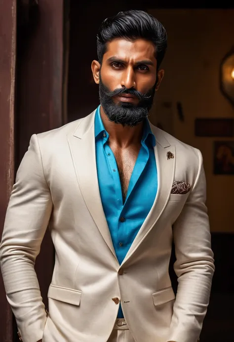 an award winning photograph of a (handsome indian beared man:1.1), detailed, trending on artstation, no beard, sharp jawline, tanned skin, ripped body, siren eyes, high bridged nose. Mafia leader aesthetic, full body head to toe view, showing his perfect m...