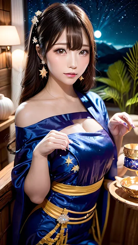 A Japanese female fortune teller with a beautiful and elegant face、Age 22 years old、One woman、Colorful jeweled hair ornaments、Jeweled frame、Hair is brown, almost black、Always place the crystal in the palm of your hand.、Light always shines from the crystal ...