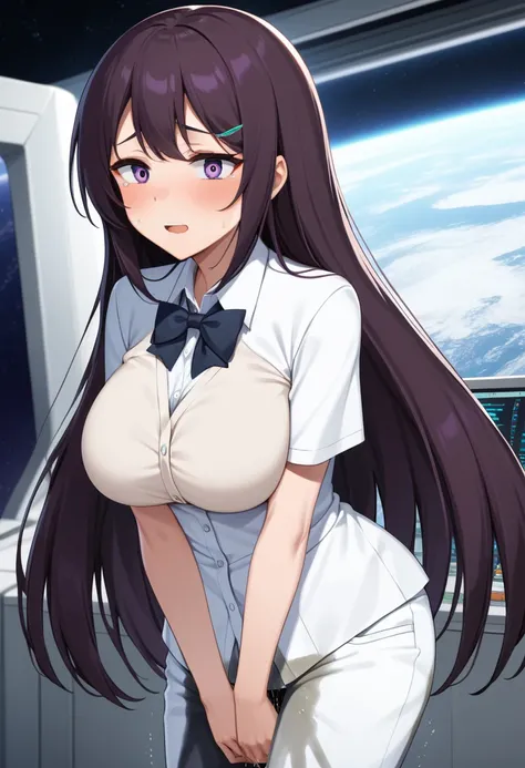 (high quality,Very detailed:1.37, High resolution), Woman, (mature:2.0), (Sakaki Yumiko:1.5), (very long hair:1.5), (straight hair:1.5) (dark purple hair:2.5), purple eyes, huge breasts, tuxedo, necktie, (pants:1.5), (wetting herself:2.0), standing, embarr...