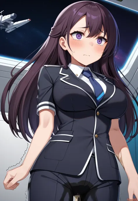 (high quality,Very detailed:1.37, High resolution), Woman, (mature:2.0), (Sakaki Yumiko:1.5), (very long hair:1.5), (straight hair:1.5) (dark purple hair:2.5), purple eyes, huge breasts, tuxedo, necktie, (pants:1.5), (wetting herself:2.0), standing, embarr...