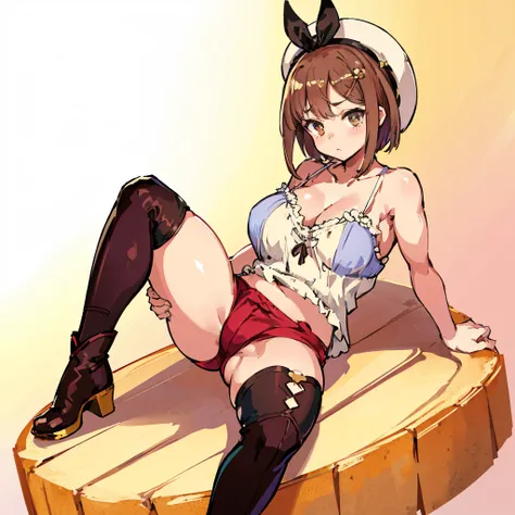 (Highest quality, 8k, masterpiece :1.3),Lizaリン・シュタウト(Lizaのアトリエ),Liza, One woman,Large Breasts,short hair,Brown Hair,hair band,Clothing,hat,White shirt,White camisole,Red shorts,Brown long boots,nsfw,Plump body,Thighs,,Armlock,