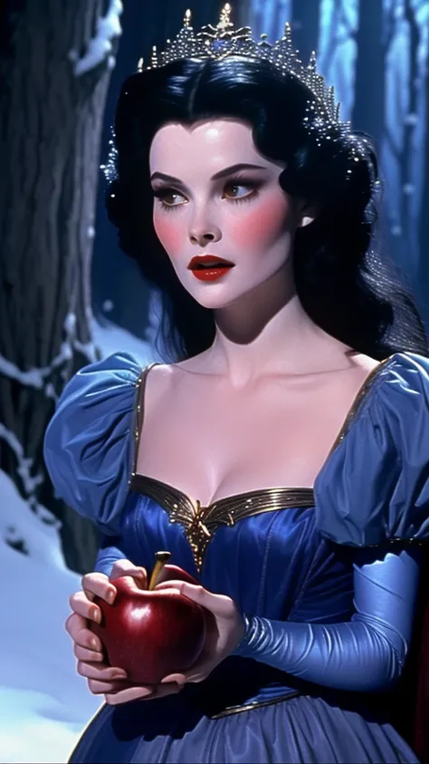 detailed portrait of princess a witch giving snow white the poisoned apple to snow white,  dvd screengrab from 1982s dark fantasy film, realistic retro film style, snow white disney movie, 1980s dark fantasy film expressive faces, real skin texture, the ne...