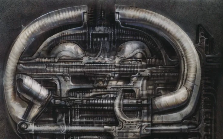 xgiger, the image is a detailed view of h.r. giger's biomechanical tableau \" landscape no 312 \" plate, featuring
a complex, in...