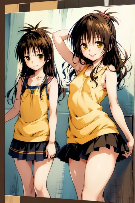 yuuki mikan,yellow tank top, miniskirt, smile,, (best quality:1.3),1girl,