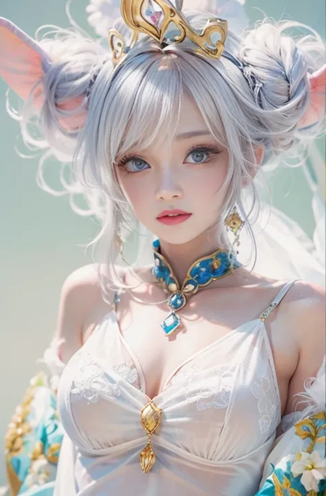 28 years old, Close-up portrait of a woman in a colorful clown costume、Shoulder out、thin、Serious expression、Short-haired、Deadly position, Gorgeous Necklace, Light milky porcelain skin, Smooth, Translucent white skin, Enchanting anime girl, Beautiful and se...