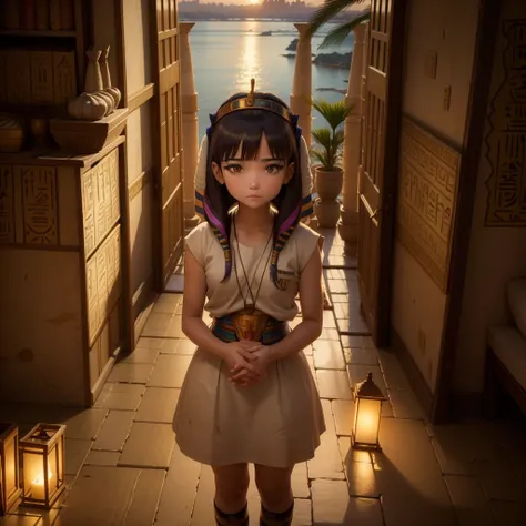 かわいいAncient Egyptの15歳の女の子、Ancient Egypt、View of the Nile、A colorful view of the whole、whole body、Low - Angle、Standing posture、Reeds are growing、Ancient Egyptの船、Ancient Egyptの風景、night