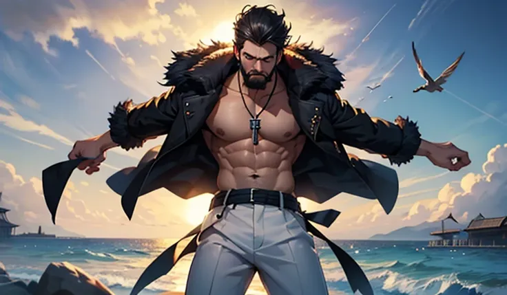 (masterpiece, best quality), intricate details, 1 Boy, Japanese cartoon_exist_Dracule_Mihawk_My grandmother,world wide web.My grandmother.and,1 Boy,have,beard,jewelry,beard,necklace,Abdominal muscles,black hair,Yellow eyes,sash,beard,coat,muscular,trousers...