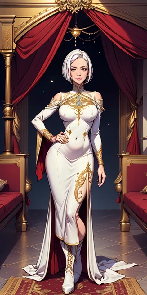 Setting: Royal bedroom - Grand, opulent, with rich fabrics and tapestries Character: Appearance: White hair - Short, styled in a sharp bob Full figure - Curvaceous Attire: High boots - Leather, reaching up the calves Elegant outfit - Befitting the royal se...