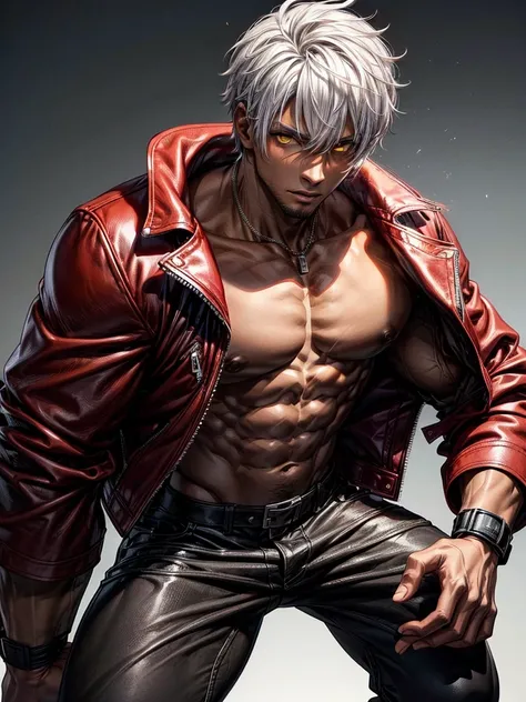 a muscular shirtless black man with defined physique, wearing a red open leather jacket, white hair, yellow eyes, dark brown skin tone, front view, highly detailed, masterpiece