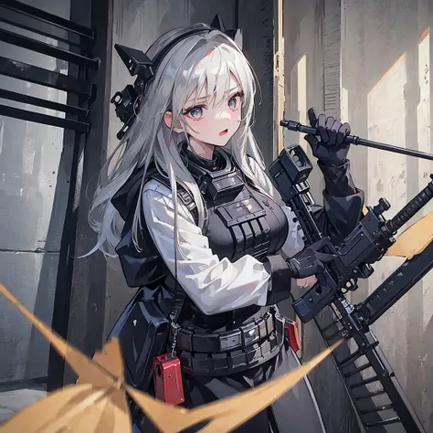 (((masterpiece))), ((4K)), beat, wearing black beat gear, heavy equipment, beat written on breastplate, wearing black beat helmet, A girl, Holding an AR-15 gun, View by scope, Rouge pupil, Silver Hair, Expression of mercy