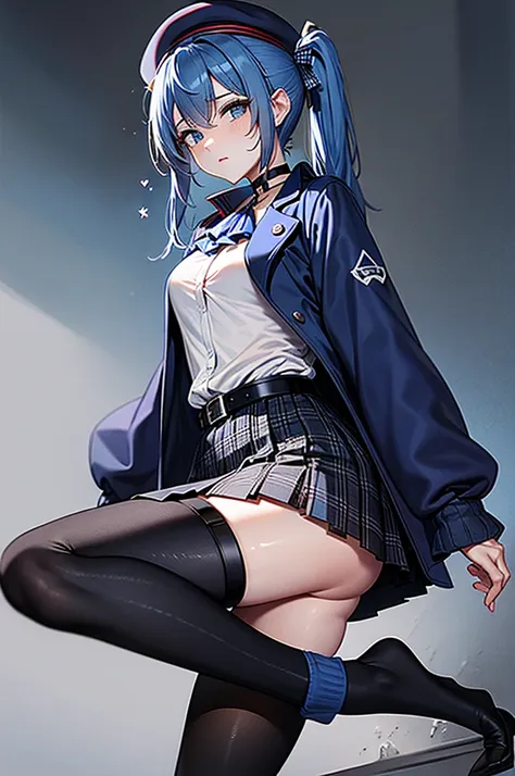 Suisei Hoshimachi, blue eyes, Blue Hair, choker, Hair between the eyes, Medium Hair, Side Ponytail, star choker,
Ascot, Asymmetrical legwear, belt, beret, black gloves, blue Ascot, blue belt, blue bow, blue choker, bow, button, choker, collared shirt, Crow...