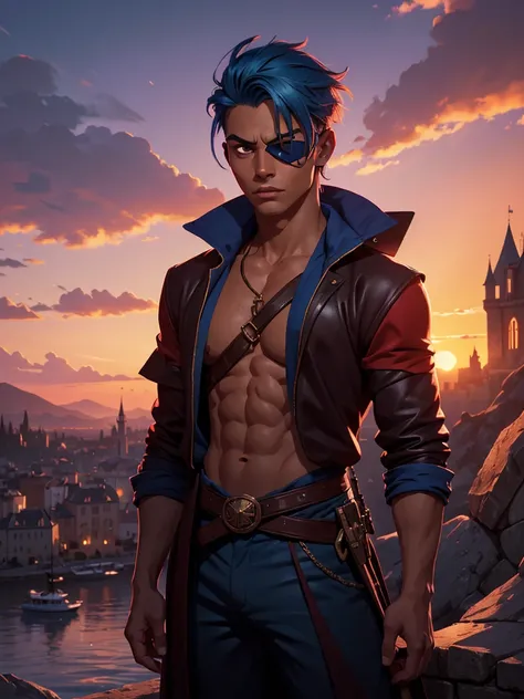 (absurdres, highres, ultra detailed), 1 male, young man, tan skin. eyepatch on right eye, blue hair, dramatic lighting, detailed, masterpiece, standing in front of the castle, sunset light, red and orande sunset tones