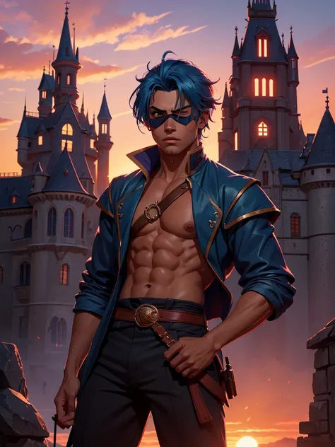 (absurdres, highres, ultra detailed), 1 male, young man, tan skin. eyepatch on right eye, blue hair, dramatic lighting, detailed, masterpiece, standing in front of the castle, sunset light, red and orande sunset tones