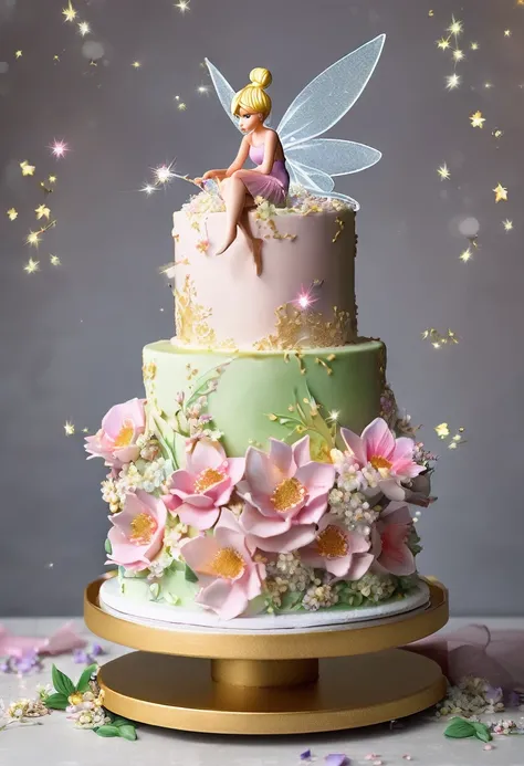 2-tier cake with feminine decoration, with Tinkerbell sitting on top of the cake and with fairy dust as ambient decoration and with many beautiful flowers.