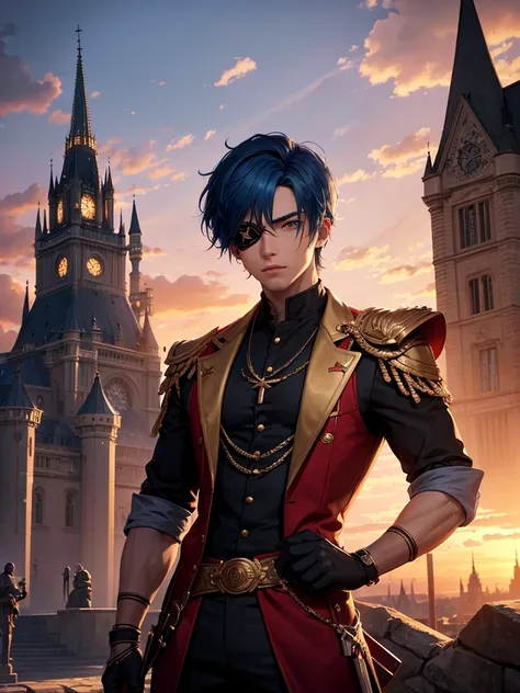 (absurdres, highres, ultra detailed), 1 male, young man, tan skin. eyepatch on right eye, blue hair, dramatic lighting, detailed, masterpiece, standing in front of the castle, sunset light, red and orande sunset tones