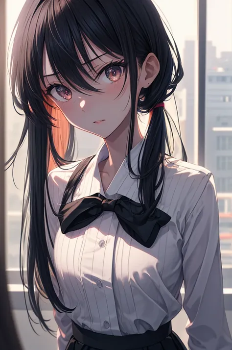 ((masterpiece)), (best quality), (ultra-detailed), 1girl, solo, Japanese high school girl, 17 years old, slender build, 160cm tall, long straight black hair to the waist, black almond-shaped eyes with a slight upward tilt, serious expression, detail lip, s...