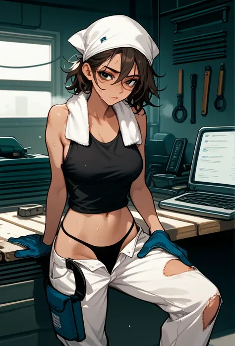 masterpiece, best quality, mature woman, messy hair, black hair, brunette gradient hair color, hot face, (tomboy face), tan skin, mature body, fit body, medium breasts, mechanic gloves, (dirty tank top), stained tank top, midriff, white bandana, mechanic p...