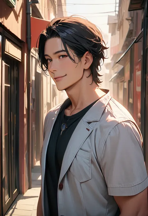 ((45 years old ,modern)), Verism, masterpiece, textured skin, super detail, ((best quality:1.3)), 4K ,  A handsome man, black hair, short hair, light smile, happy
