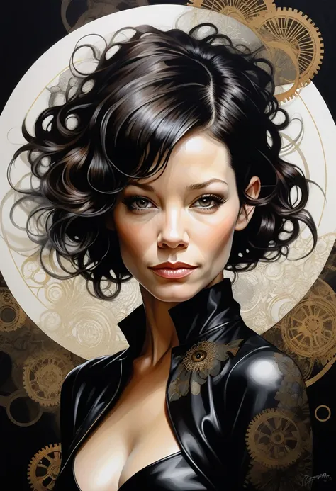 (Evangeline Lilly) is a beautiful charming woman carved out of dark smoke, dressed as a Steampunk girl in black, circular colored smoke, waves of shadows at night, abstract skull ornaments, pixie back fade haircut, soft colors, flat 4d street art in the st...