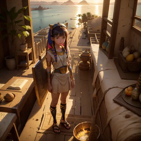 かわいいAncient Egyptの15歳の女の子、Ancient Egypt、View of the Nile、A colorful view of the whole、whole body、Low - Angle、Standing posture、Reeds are growing、Ancient Egyptの船、Ancient Egyptの風景、Sunset、