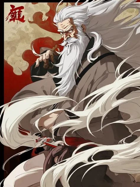 white long haired, black eyes, anime old man, samurai, red gi, sword, old man, aura, anime art, 2d anime, manga, 2danime style, long white beard, low quality