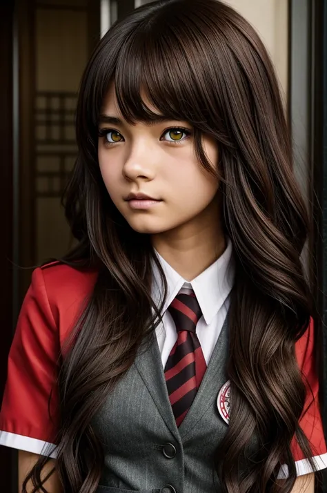 Generate Tokyo revengers anime style image of a teenage girl wearing the Toman uniform, Brown skin color, long wavy brown hair, a dragon neck tattoo, with heterochromia, calm expression, light background