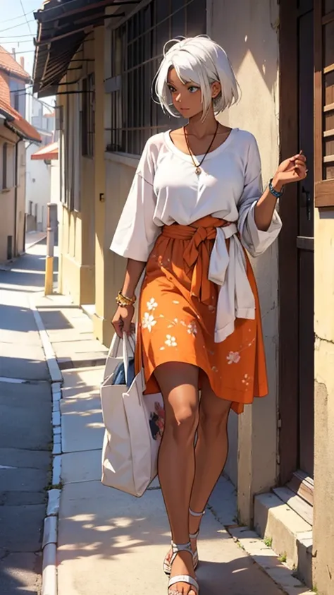 Woman with tanned skin and white hair in bright clothes

