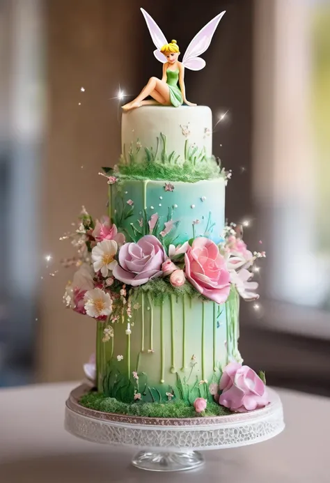 2-tier cake with feminine decoration, with Tinkerbell sitting on top of the cake and with fairy dust as ambient decoration and with many beautiful flowers.